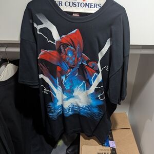 Black Graphic T-Shirt with Red and Blue Design